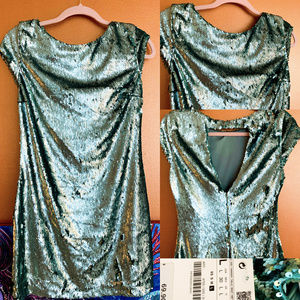 ZARA Short Sleeve Blue Green Sequin Mini Dress